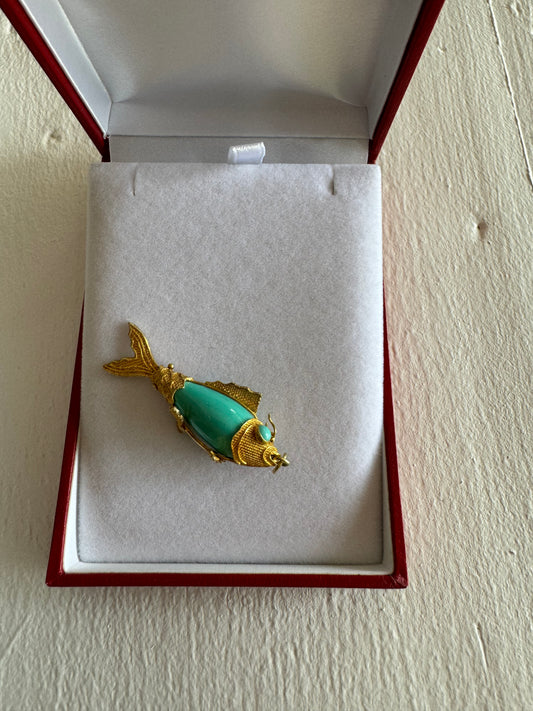 Vintage 14k gold and turquoise fish